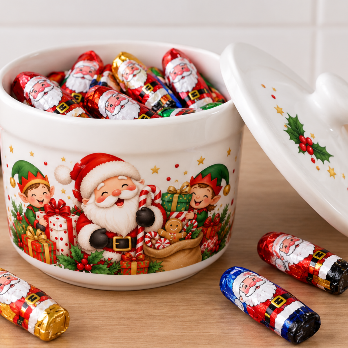 Dulcero Navideño de Cerámica con Tapa – Diseño Viejito Pascuero