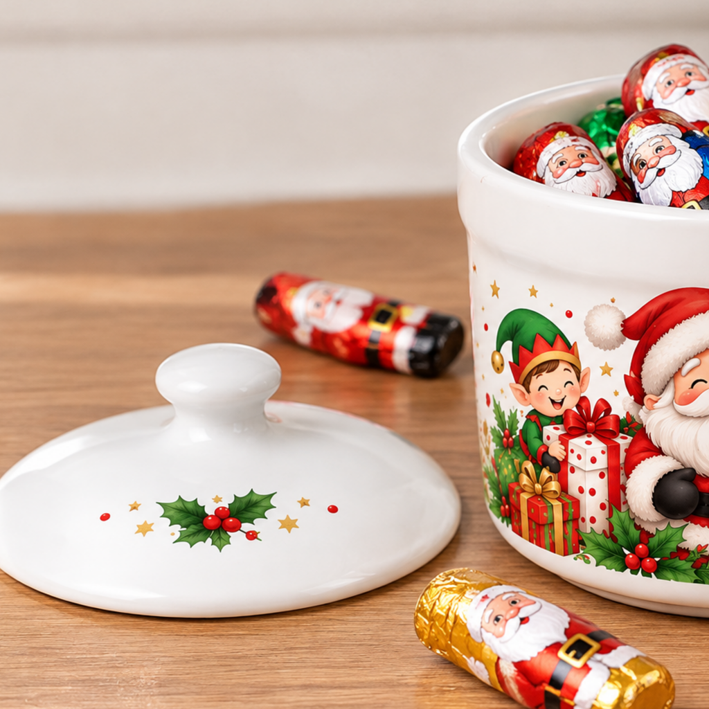 Dulcero Navideño de Cerámica con Tapa – Diseño Viejito Pascuero