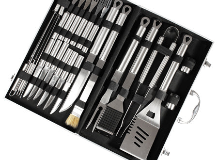 Set Parrilla Deluxe BBQ Metálico 24 Piezas – Acero Inoxidable con Estuche