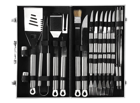 Set Parrilla Deluxe BBQ Metálico 24 Piezas – Acero Inoxidable con Estuche