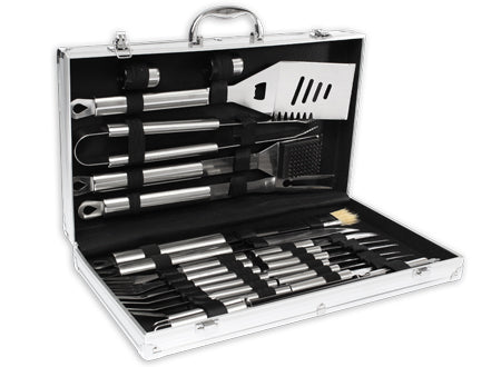 Set Parrilla Deluxe BBQ Metálico 24 Piezas – Acero Inoxidable con Estuche