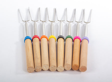 Set 8 Tenedores Telescópicos BBQ con Mango de Madera y Bolsa – Asados y Camping