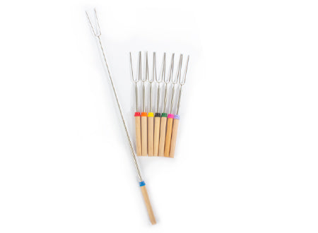 Set 8 Tenedores Telescópicos BBQ con Mango de Madera y Bolsa – Asados y Camping