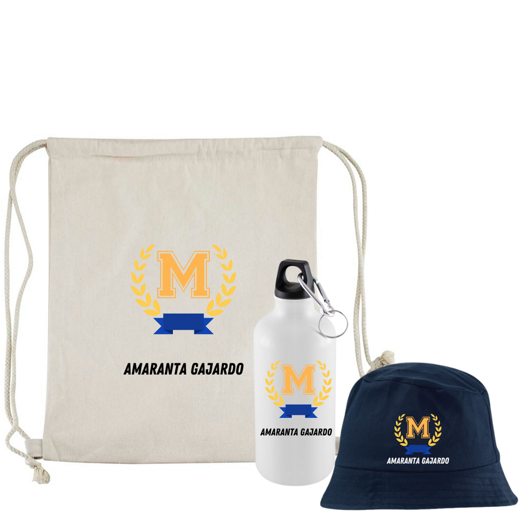 PACK ESCOLAR MORRAL + BOTELLA + GORRO INFANTIL PERSONALIZADO