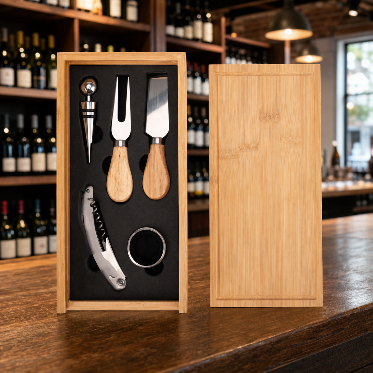 Mockup de Set para vinos y quesos de Bamboo