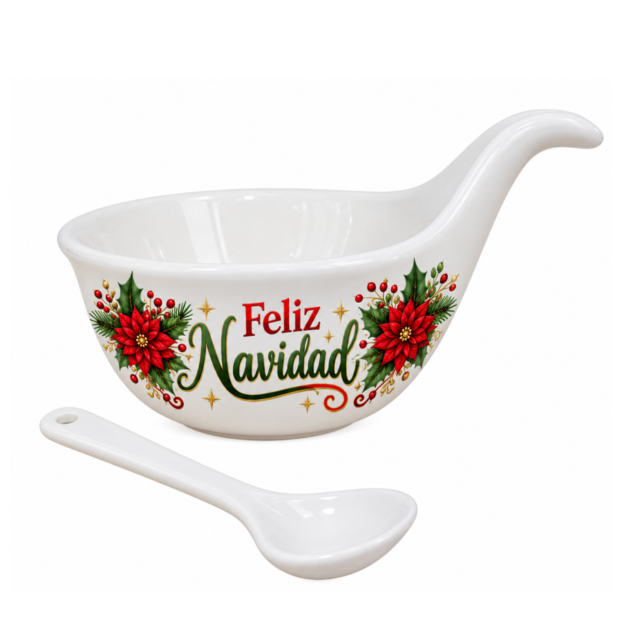 Salsero Navideño de Cerámica con Cuchara – Feliz Navidad