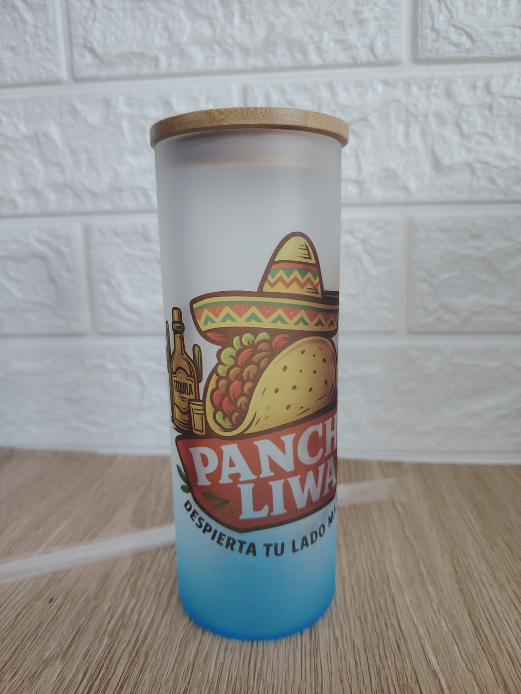 Botella Vidrio Borosilicato Sublimación, tapa Bamboo 500cc