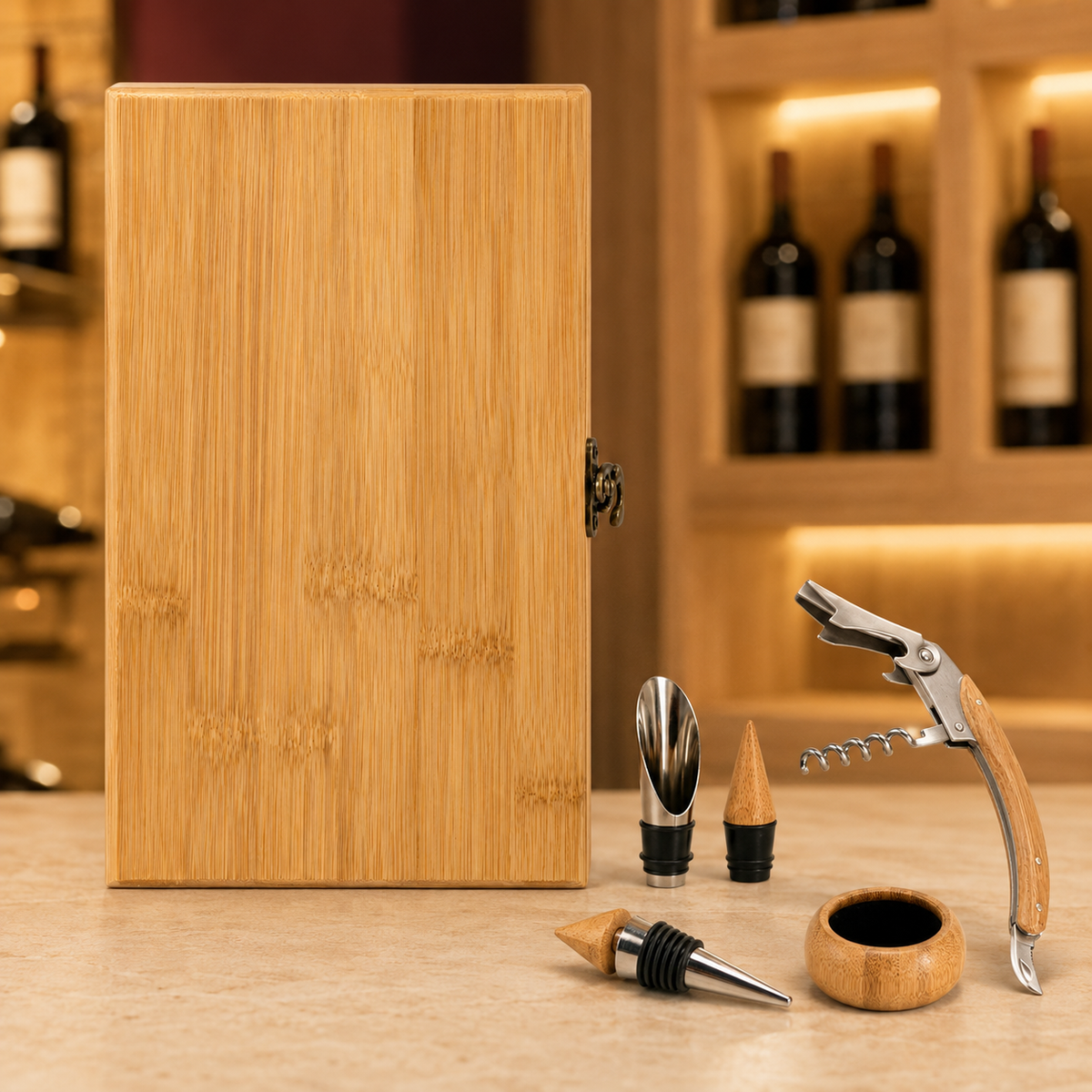 Mockup de Set de Vino de Bamboo