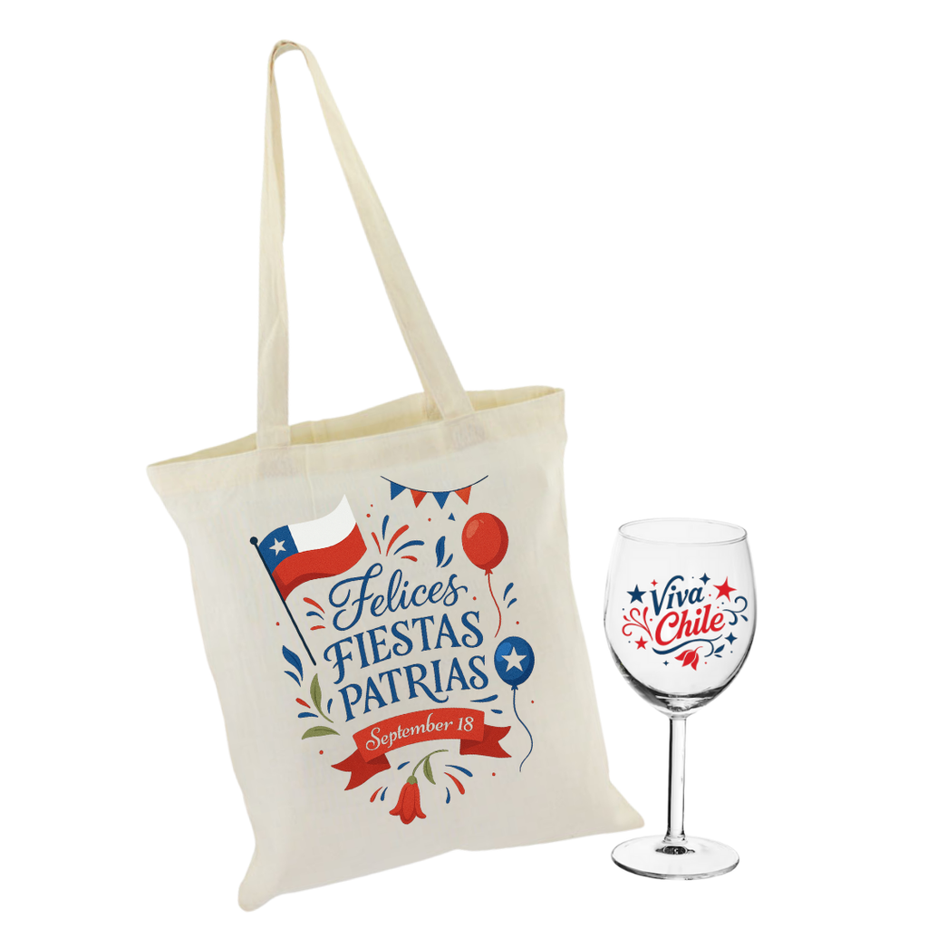 Pack Bolsa de Algodón más Copa de Vino Fiestas Patrias