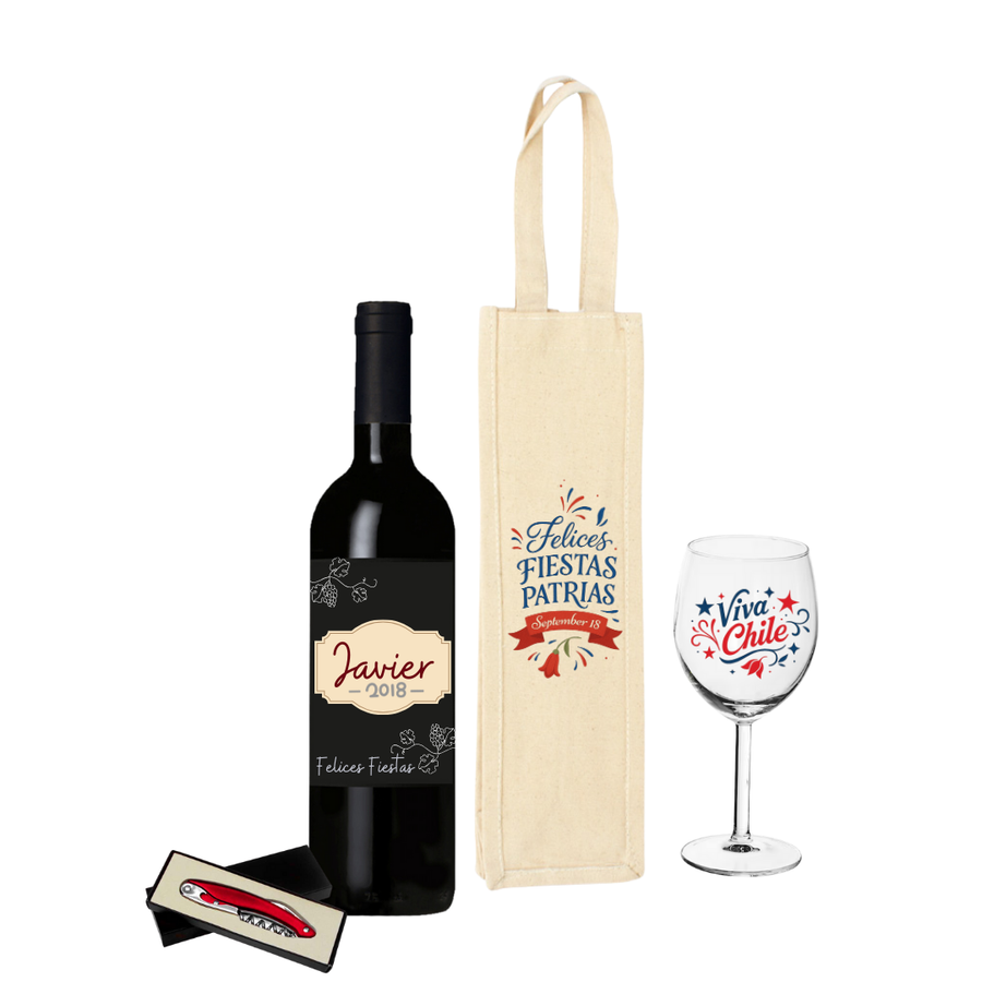 Bolsa de Algodón Fiestas Patrias para Botella de Vino + Copa + Vino con Etiqueta Personalizada + Descorchador