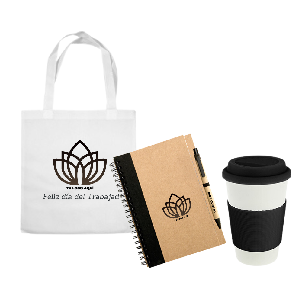 PACK CUADERNO ECOLOGICO , MUG Y BOLSA DE TNT