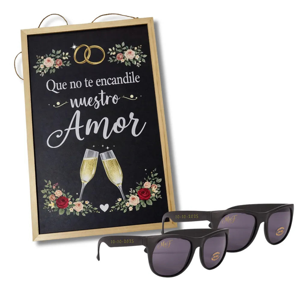 12 Lentes De Sol + Pizarra Personalizados Para Matrimonio Negro