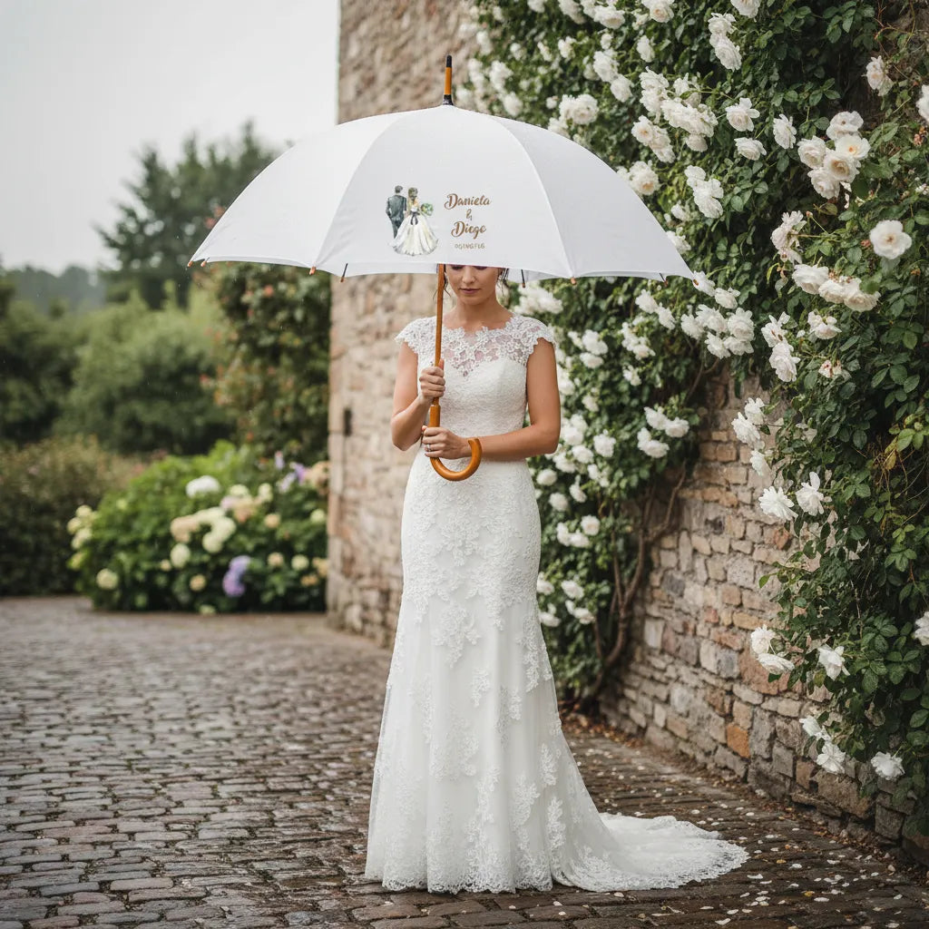 Paraguas Mango De Madera Personalizado Para Matrimonio