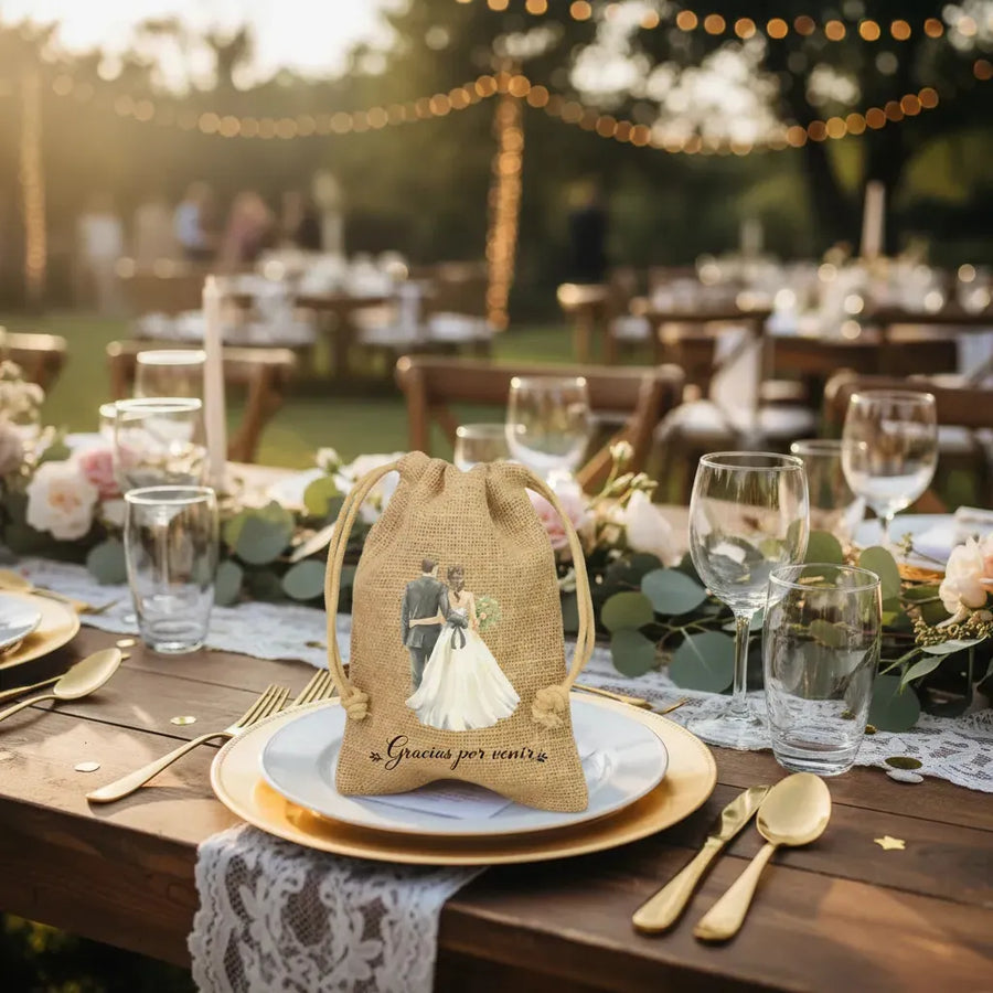 Saco De Yute Personalizado Para Matrimonio Marrón