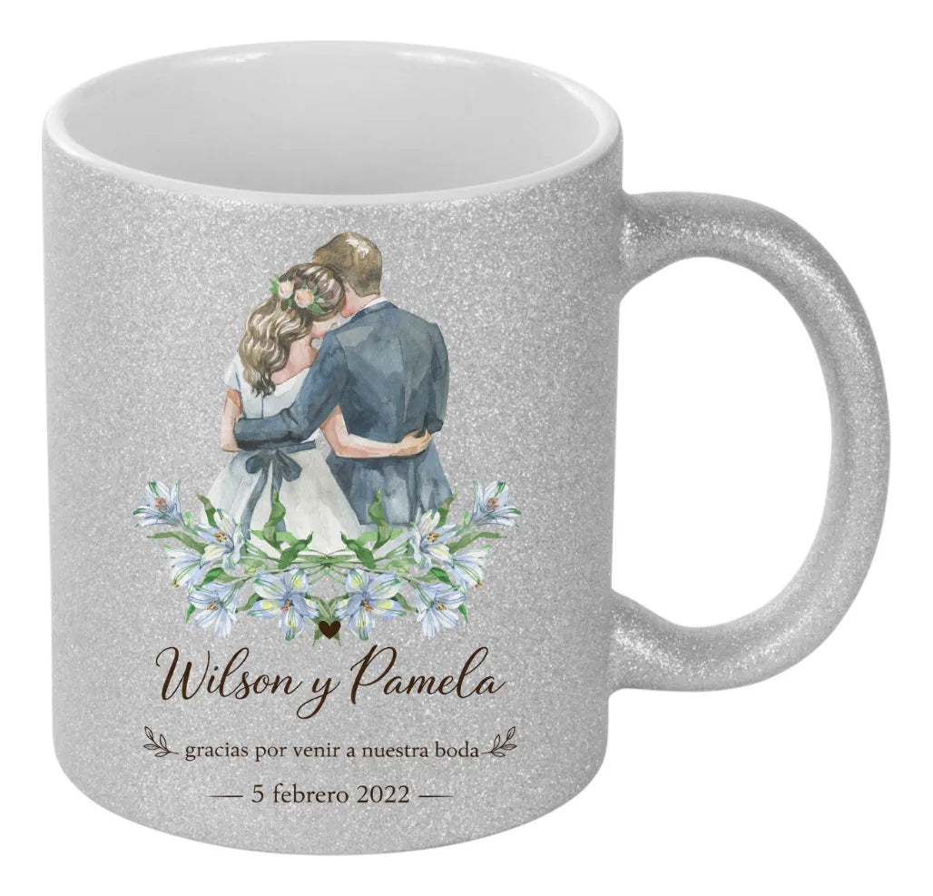 Taza Personalizada Matrimonio Plateada Glitter
