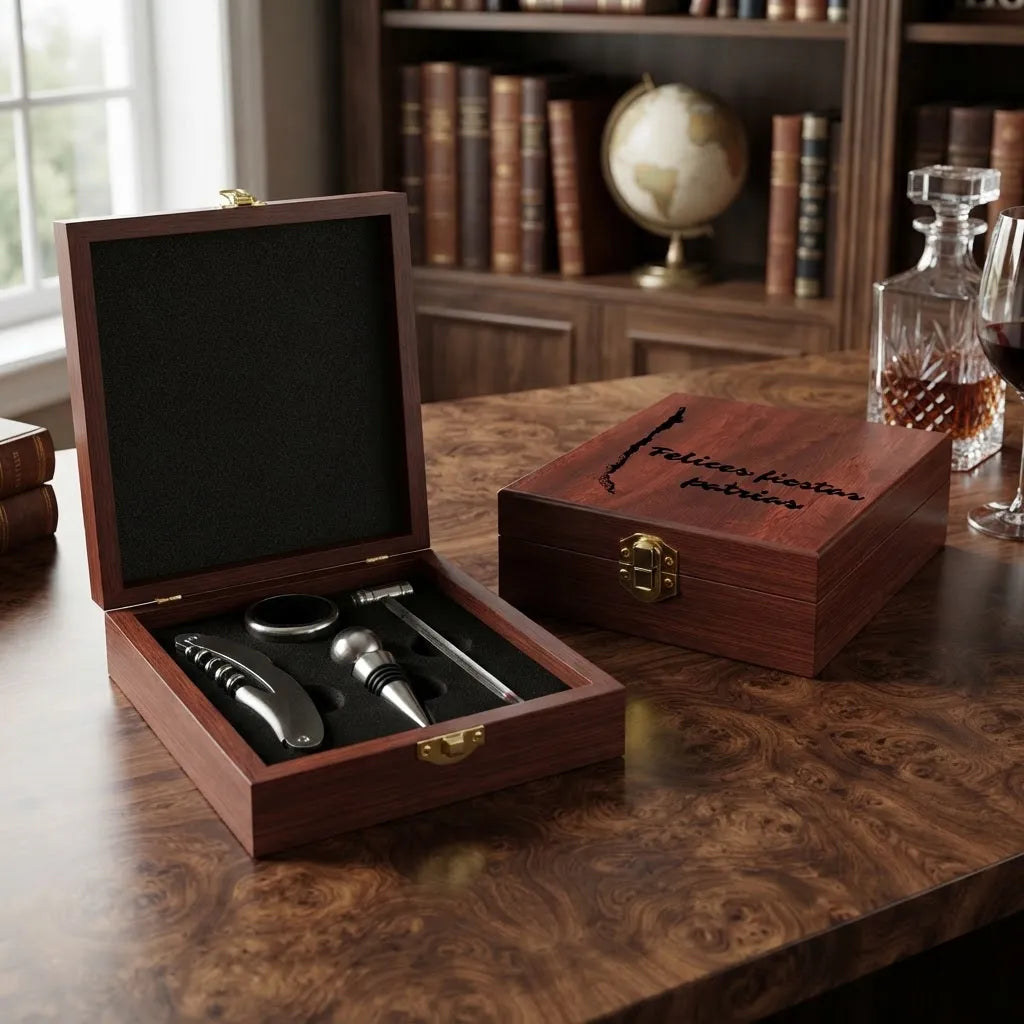 Set 4 Herramientas De Vino + Caja De Madera Fiestas Patrias