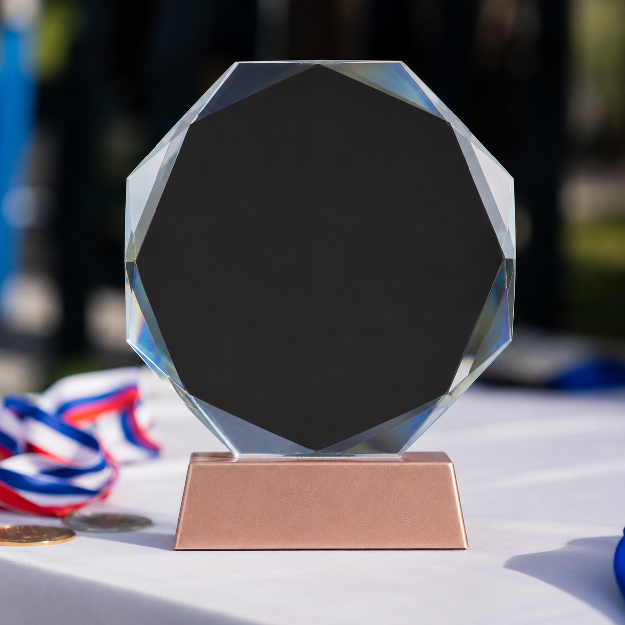 Mockup de Trofeo Galvano de Cristal "RUNE" con base encobrizada.