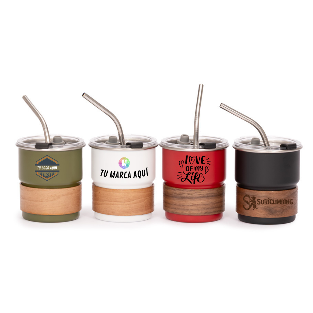 Vaso Térmico metálico CAMP 300cc. con Bombilla y Grip de Madera.