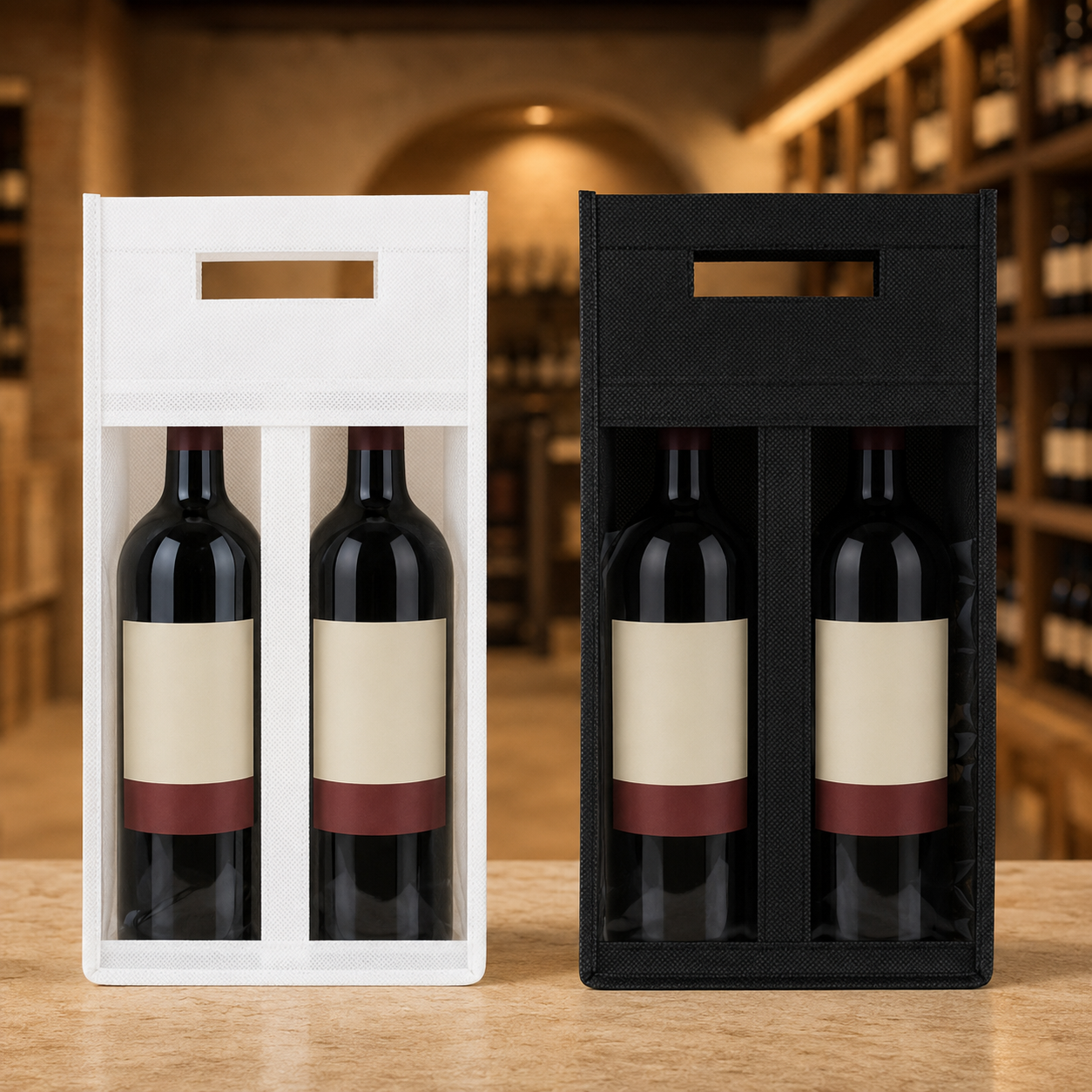 Mockup de PORTA-BOTELLAS DE VINO TNT 17X36X10CM
