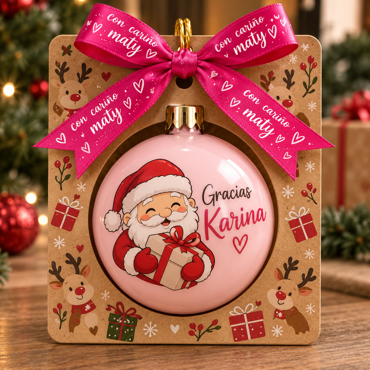 Esfera Navideña Personalizada Con Packaging y Cinta Personalizada